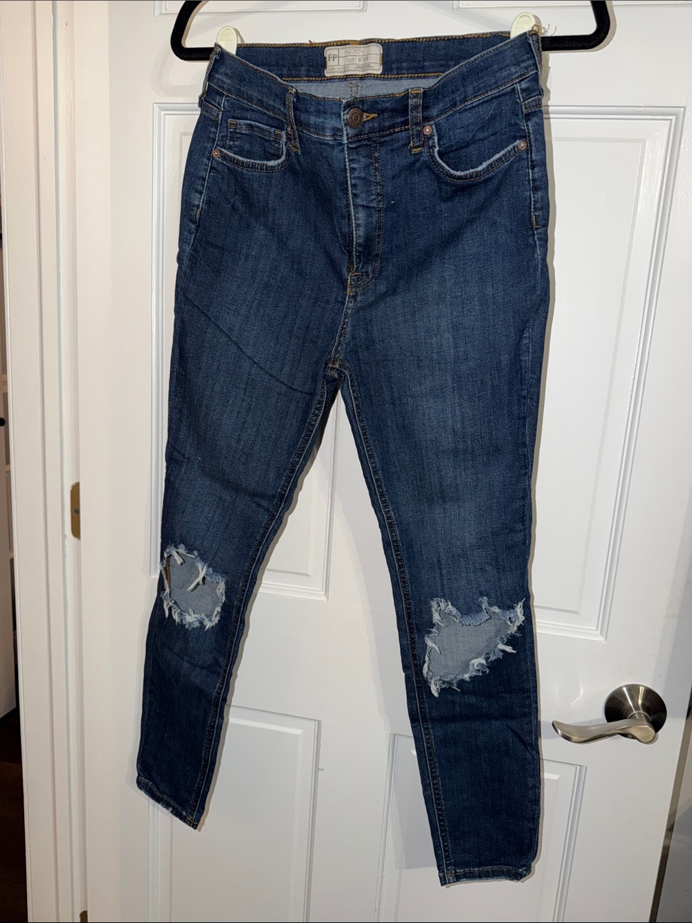 Free People Dark Blue Straight Leg Distressed Jeans